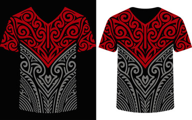 T Shirt with Polynesian Tribal Motif Red and Gray Swirls, ethnic jersey fashion, traditional dress, cultural jersey.