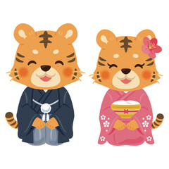 晴れ姿で笑顔な寅年のキャラクター　男女／Smiling tiger zodiac characters wearing kimonos, Male and female
