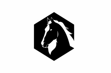 Elegant Black and White Horse Head Silhouette Illustration in Modern Geometric Hexagon Shape - Stylized Equine Graphic Design Element