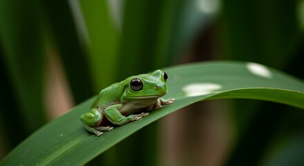 Fototapeta premium A vibrant green tree frog sits elegantly upon a broad leaf in its natural habitat