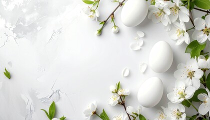 Fototapeta premium Overhead view of three eggs and white blossoms on a marbled, light-colored background