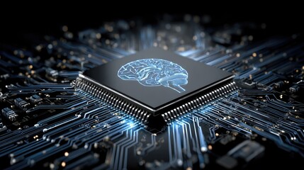 A computer chip with a brain icon on a circuit board.