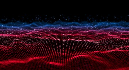 Abstract data landscape with flowing particles in red and blue against black background