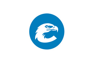 Obraz premium Stylized white eagle head graphic icon in a blue circle, symbolizing power, strength, and freedom on a clean white background. Vector illustration.