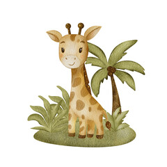 Watercolor hand drawn illustration of giraffe in jungles. Safari. Illustration for wall stickers, kids decor and design. 