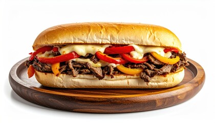 A delicious sub with steak, peppers, cheese, on a wooden plate, white background