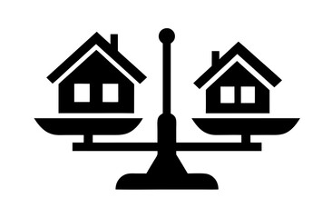 Real estate property value comparison icon, houses on scale. Housing market investment decision, mortgage, home finance concept.