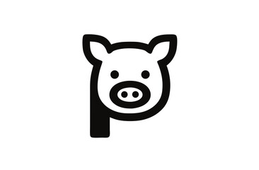 Cute minimalist pig head icon with stylized letter P element, simple black outline on white, farm animal symbol.
