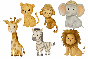 Collection of watercolor hand drawn cute animals in jungles. Safari animals. Isolated on white backdrop. For kids decor, design, stickers, wall stickers. 