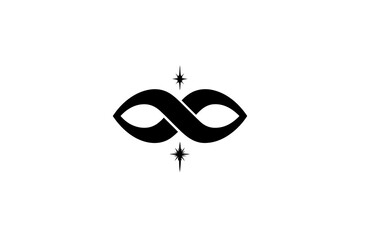 Stylized black infinity symbol graphic with twinkling stars, representing eternity, perception, and cosmic connection on a white background.