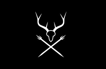 White deer skull with antlers and crossed pitchforks on black background, minimalist, symbolic, hunting emblem or wilderness crest