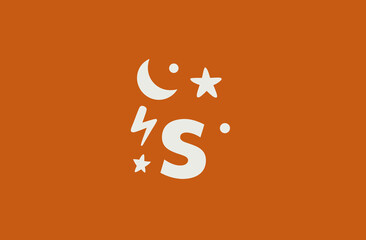 Modern graphic design of a stylized white letter S with moon, stars, and lightning bolt symbols on a vibrant orange background