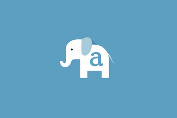 Cute white elephant illustration with a lowercase 'a' letter inside on a blue background. Simple flat design graphic for education and children.
