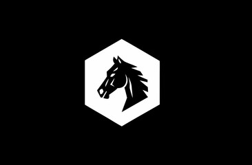 Monochromatic stylized horse head graphic in a white hexagonal shape on black. Strong, modern, and powerful animal emblem design.