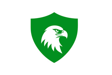Vector graphic of a strong white eagle head inside a vibrant green shield icon, symbolizing protection, security, power, and vision.