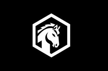 Strong white horse head icon within a modern hexagon shape on a dark black background, minimalist vector design, equestrian symbol.