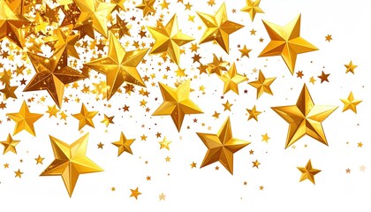 Gleaming golden stars of varying sizes cascade downwards on a white background