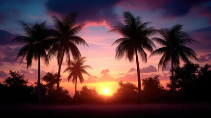 Tropical sunset panorama with silhouetted palm trees and a vibrant colorful sky creating a