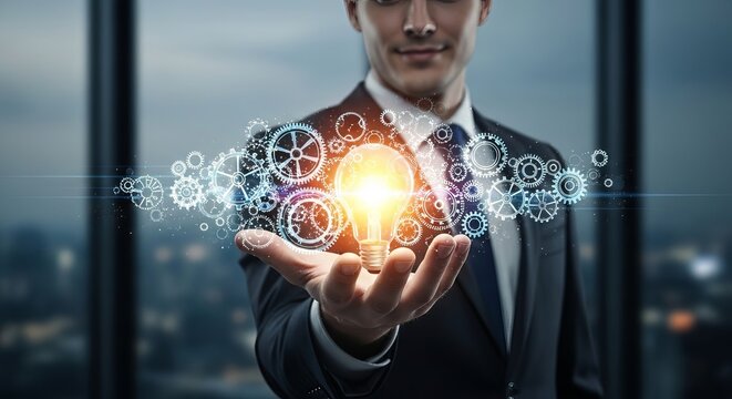 Businessman holding lightbulb surrounded by gears representing innovation and technology concept