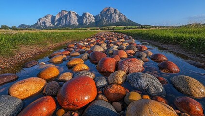 Rocky creek leads to majestic mountains under a clear sky