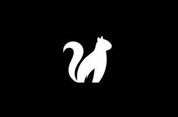 White squirrel silhouette on black background. Minimalist graphic illustration of a cute rodent with a bushy tail.