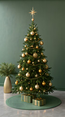 “Elegant Christmas Tree with Gold Ornaments and Wrapped Gifts Indoors”