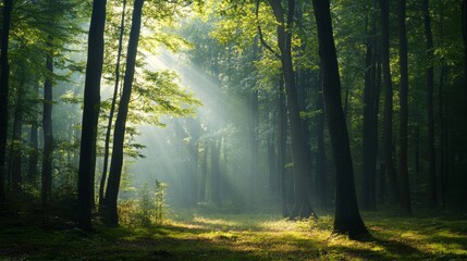 Obraz premium Sunlight beams through the trees in a misty forest. (1)