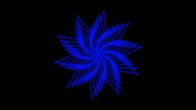 Abstract blue spirograph rotates winged star logo on black background.