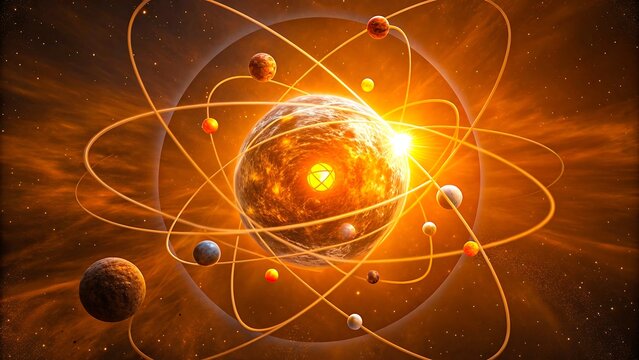 Glowing atom model with orbiting planets in space
