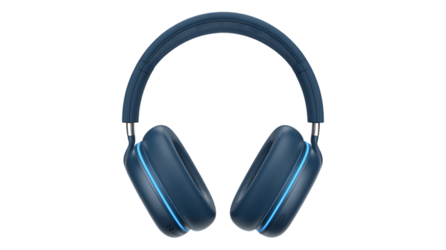 Premium over-ear wireless headphones in deep blue with comfortable earcups for immersive audio experience isolated on transparent background