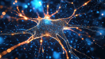Abstract neuron cell illustration with glowing connections on a dark blue background art