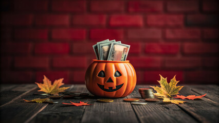 Halloween pumpkin container with cash and coins on wooden table autumn leaves budget idea for festive savings and seasonal treat