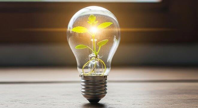 A close up of a light bulb with a plant growing inside it on a wooden surface with a blurry background - Powered by Adobe
