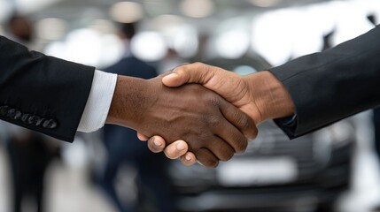 Two men shaking hands in a car showroom.