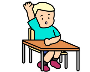 挙手する男の子　机あり