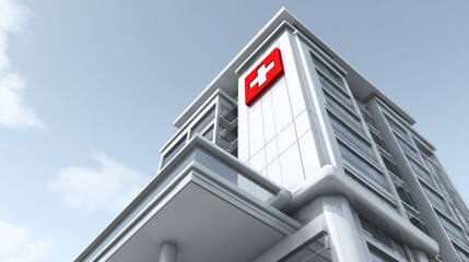 A modern, high-rise building with a red cross on top, set against a clear blue sky.
