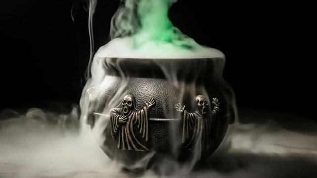 Spooky cauldron brewing eerie green smoke