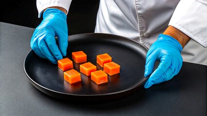 Title: Chef preparing fresh salmon cubes on black plate