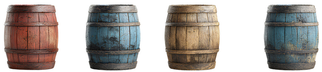 Obraz premium 3d model of different wooden barrels, Transparent background PNG 
