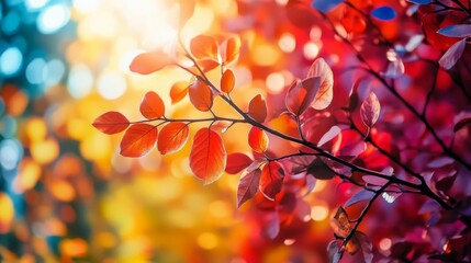 Vibrant red leaves of a tree branch against a blurred background of colorful autumn foliage with a soft glow of sunlight.