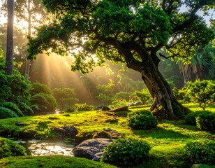 Sunlight streams through lush foliage in a tranquil, verdant garden
