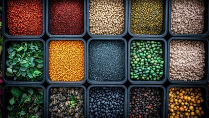 Multihued mix seeds, grains, leaves in dark, square bins