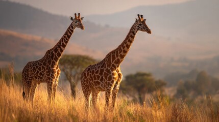 Obraz premium Two giraffes stand in tall golden grass under early morning light,