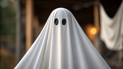 White ghost costume on porch halloween budget friendly spooky playful decoration with fabric drape and round eye holes