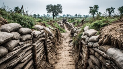 A dirt path through a trench with sandbags on either side, leading to a distant horizon with trees and a cloudy sky.