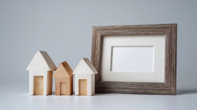 Three small wooden toy houses with pointed roofs and rectangular doors stand beside an empty rustic picture frame on a l