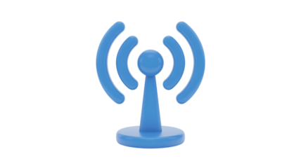 Blue wi-fi tower icon broadcasting signal waves connectivity technology symbol isolated on transparent background