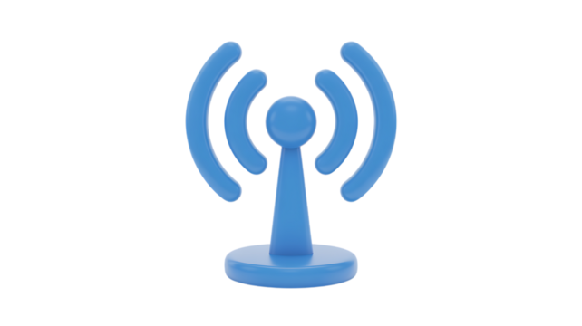 Blue wi-fi tower icon broadcasting signal waves connectivity technology symbol isolated on transparent background