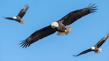 Obraz premium Majestic bald eagles soar gracefully against the backdrop of a serene cerulean sky watching freely