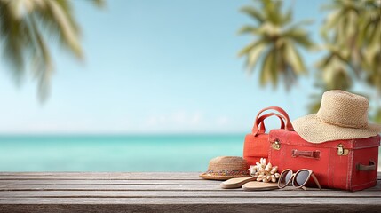 A red suitcase and hat on a wooden table with a tropical beach background.